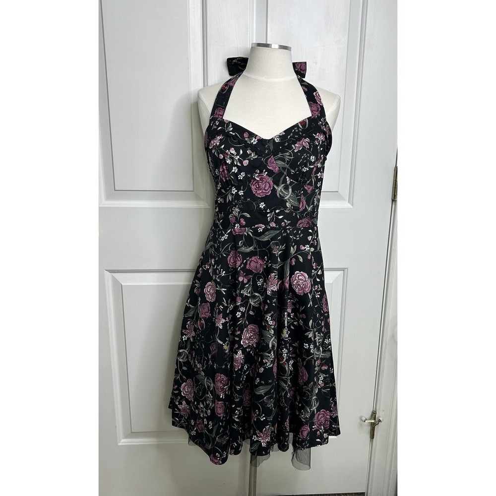 GOTHIC Hot Topic Floral Insect SWING DRESS JUNIORS Medium HALTER Tie Pinup Black